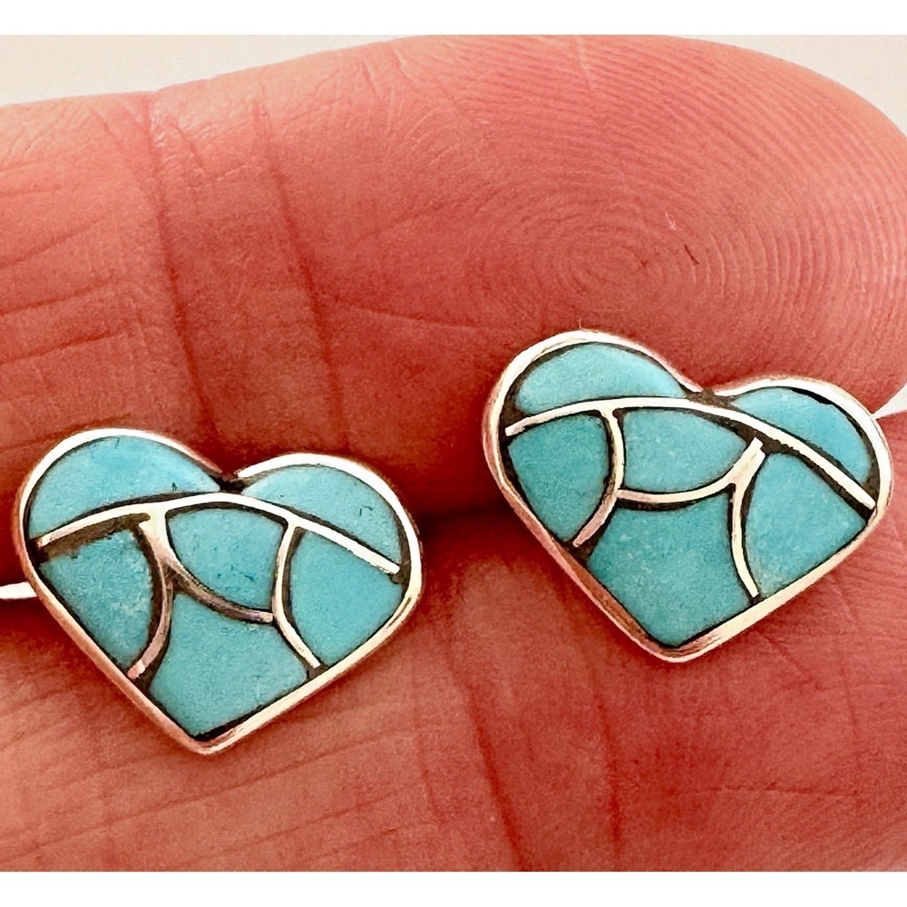 Zuni Heart Stud Earrings Turquoise Post Inlay Sterling Leekya Native American